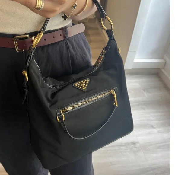 Prada Handbags - Prada Black Nylon Shoulder Bag with Gold Hardware